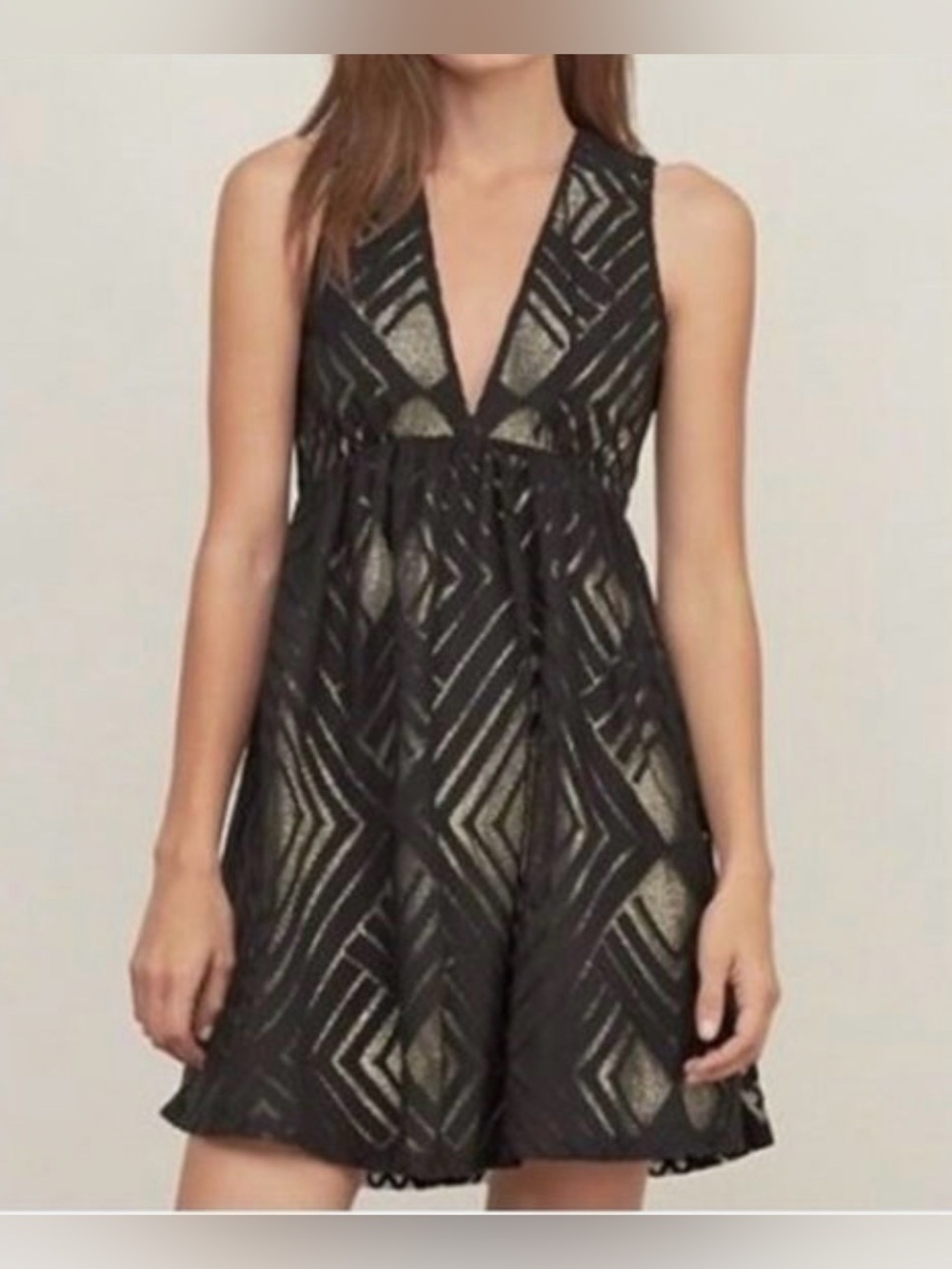 Abercrombie & Fitch LBD Black Gold V Neck Shimmer Geometric Mini Dress Size SML